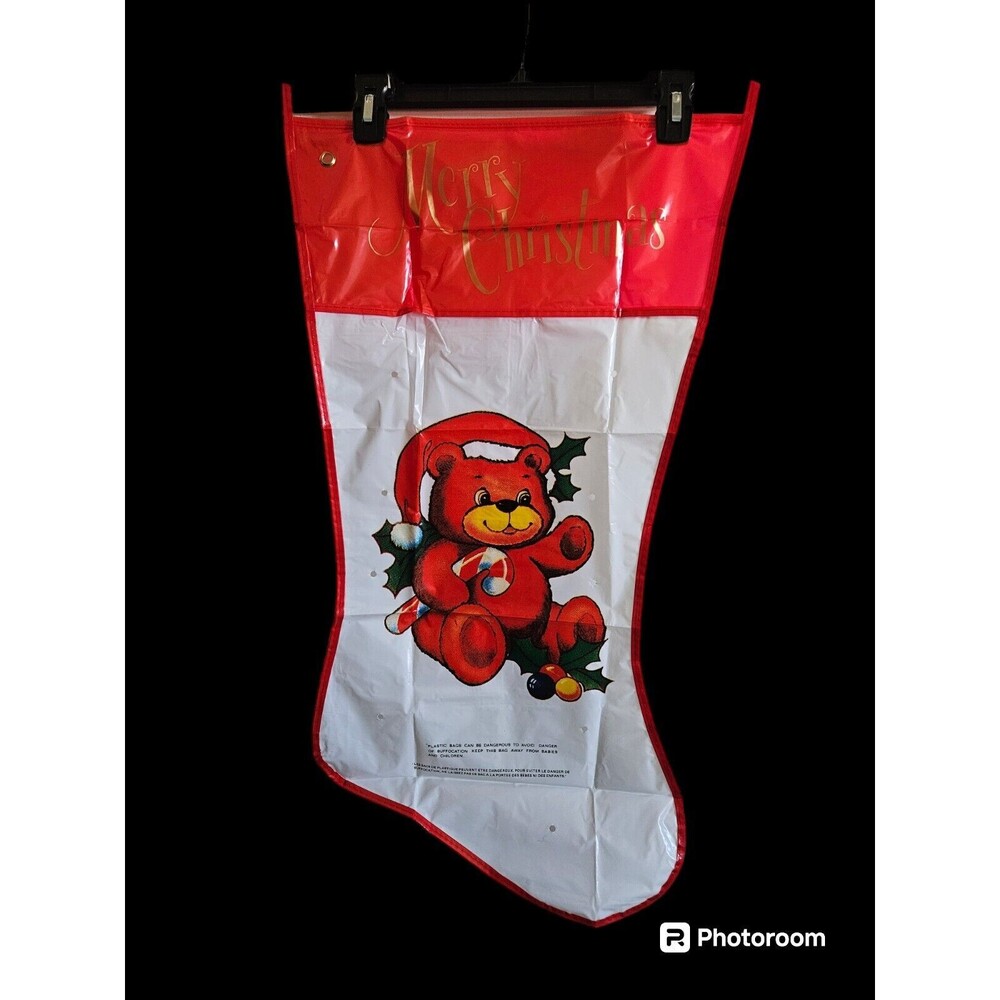 Vintage Large Jumbo Plastic Bag Teddy Bear Holding Candy Cane Christmas Stocking